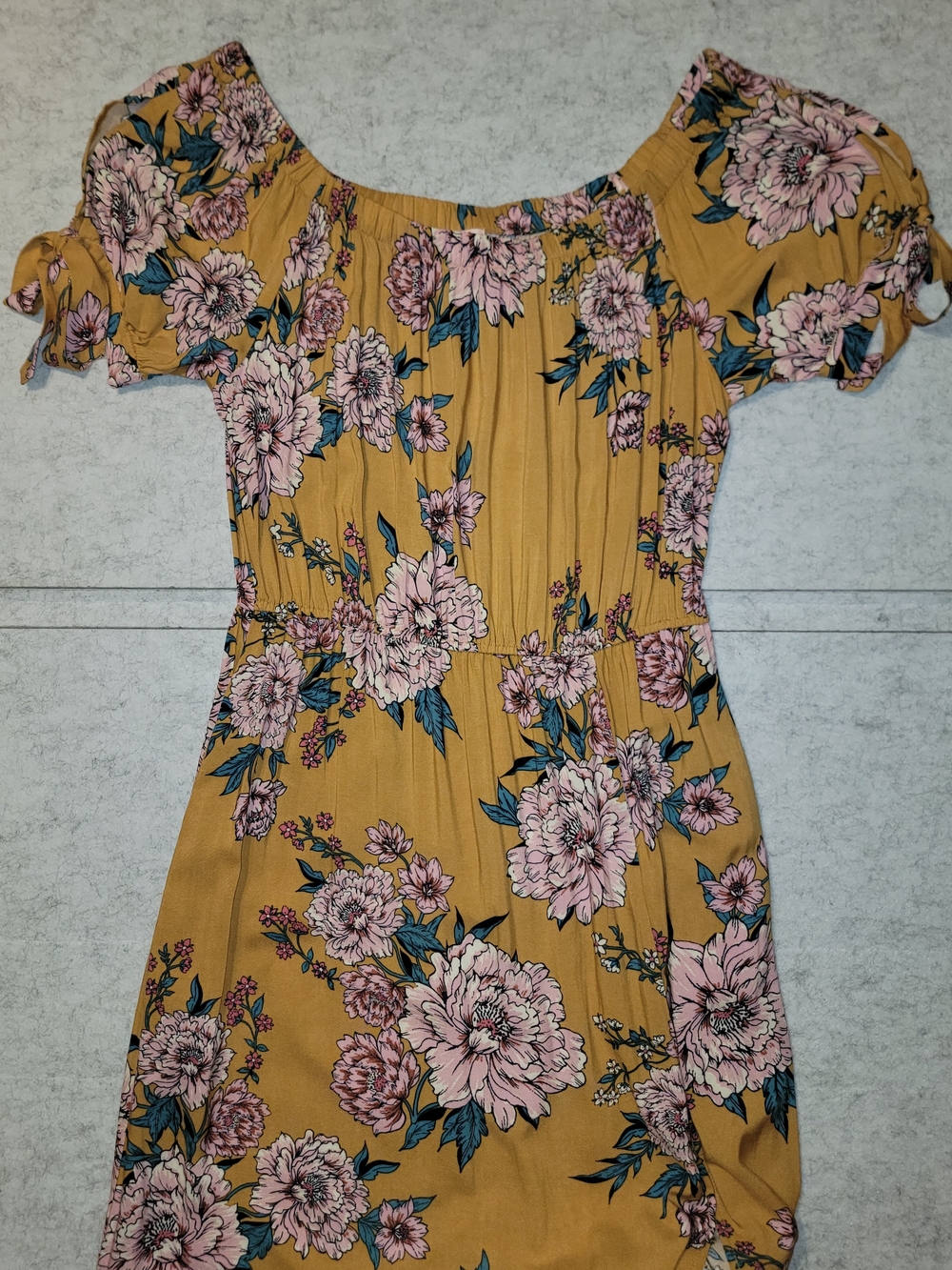 Band of Gypsies Mustard Floral Off Shoulder Maxi Dress Slit Pockets L